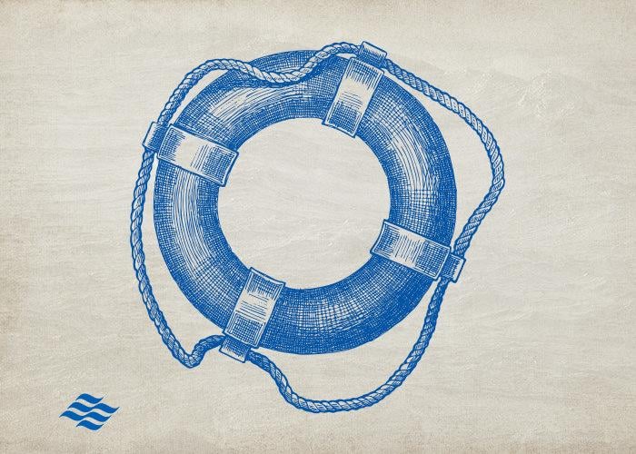 blue life preserver ring on parchment paper textured background