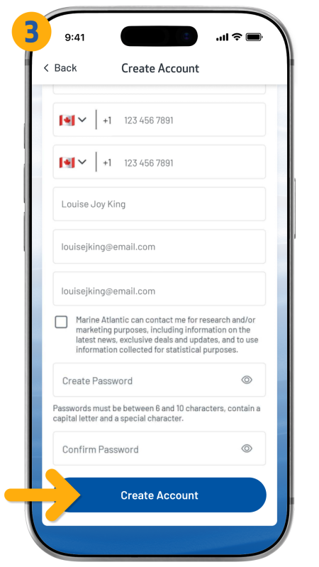 arrow pointing to create account button