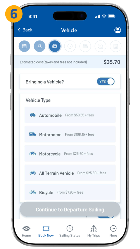vehicle selection screen shown