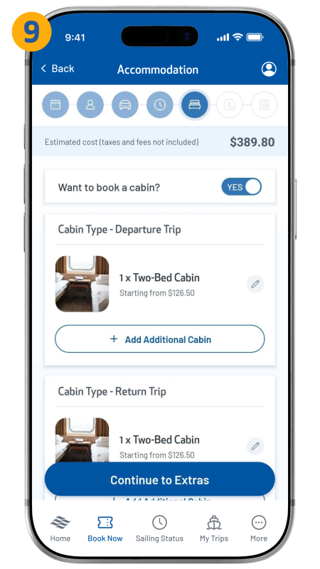 cabin selection screen shown