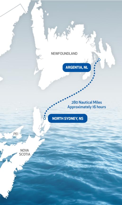 Route Map of North Sydney, Nova Scotia to Argentia, Newfoundland and Labrador